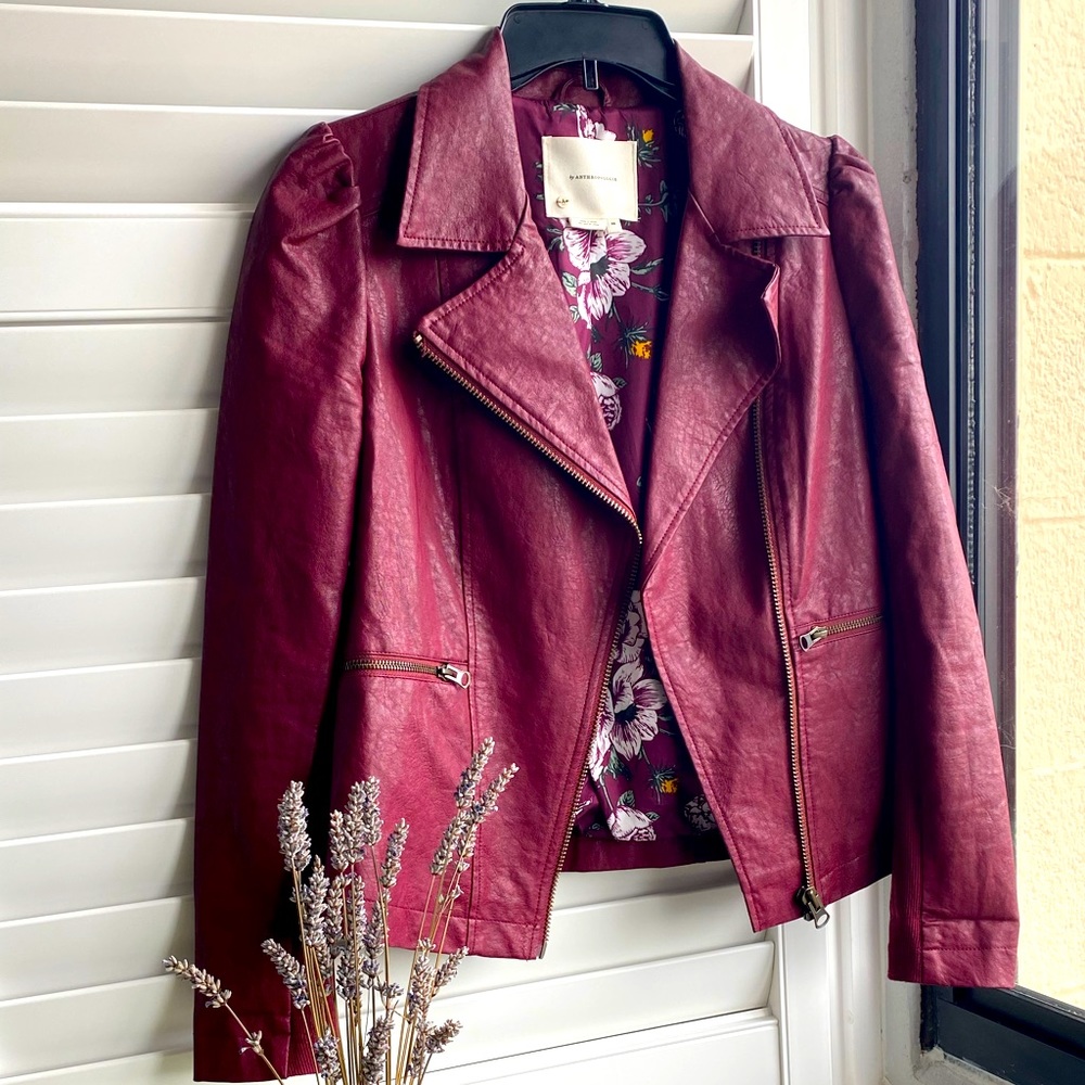 Anthropologie Wine Colored Petula Puff Sleeve Faux Leather Moto Jacket